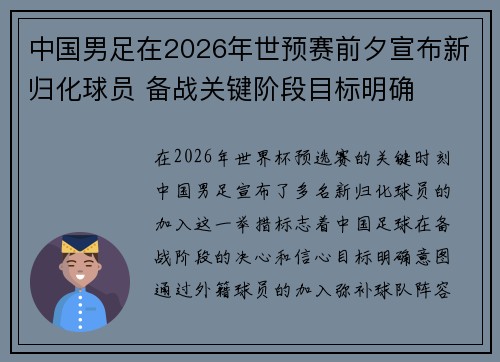 中国男足在2026年世预赛前夕宣布新归化球员 备战关键阶段目标明确 中国男足在2026年世预赛前夕宣布新归化球员 备战关键阶段目标明确