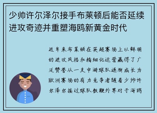 少帅许尔泽尔接手布莱顿后能否延续进攻奇迹并重塑海鸥新黄金时代