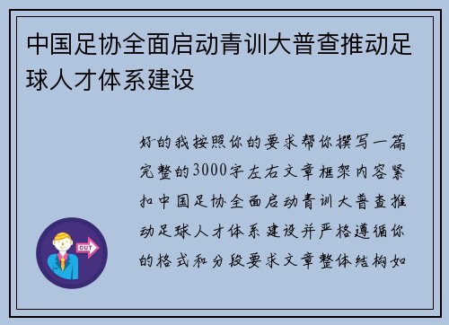 中国足协全面启动青训大普查推动足球人才体系建设